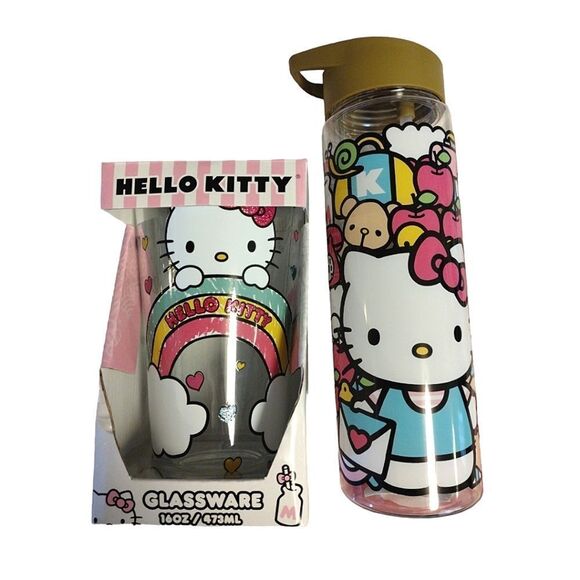 HELLO KITTY Colorful Water Bottle And Glass Tumbler Bundle NWT - Picture 11 of 16